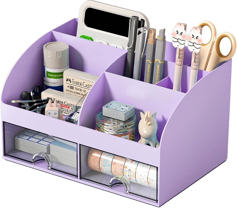 COMFYROOM Desk Organizer with 6 Compartments and 2 Drawers, Plastic Makeup Organizer, Pen Holder for Desktop Storage, Desk Organization for School, Home, Office Supplies (Purple) - Image 1